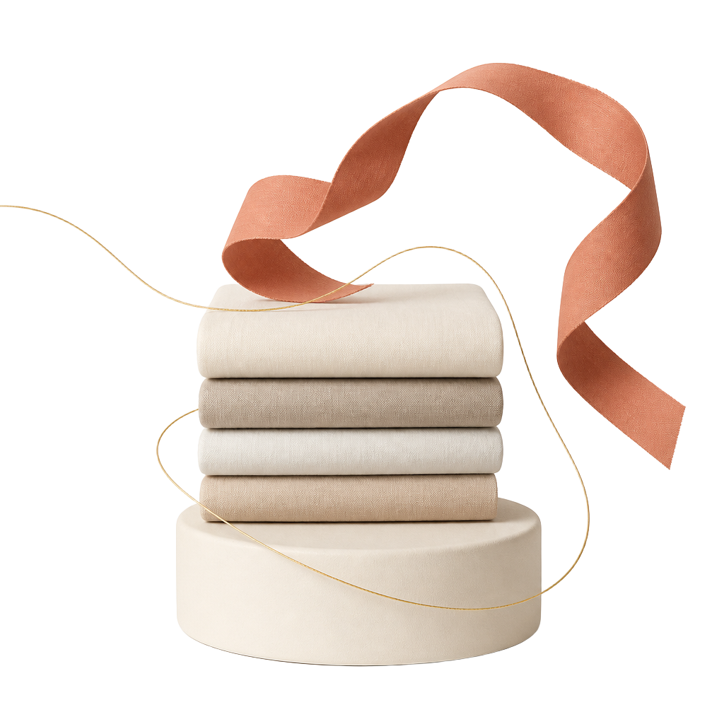 Folded ivory and beige fabrics on a rounded pedestal with a terracotta ribbon and gold thread