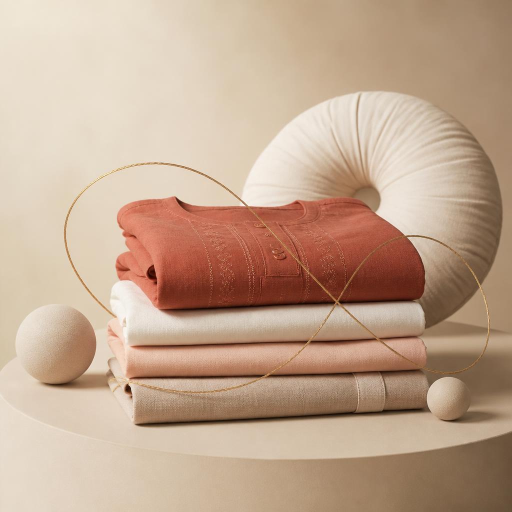 Folded Noor Fabrics cottons in ivory, beige and terracotta