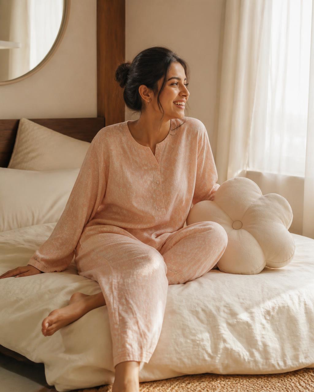 Woman in a soft peach and cream night set in a sunlit bedroom