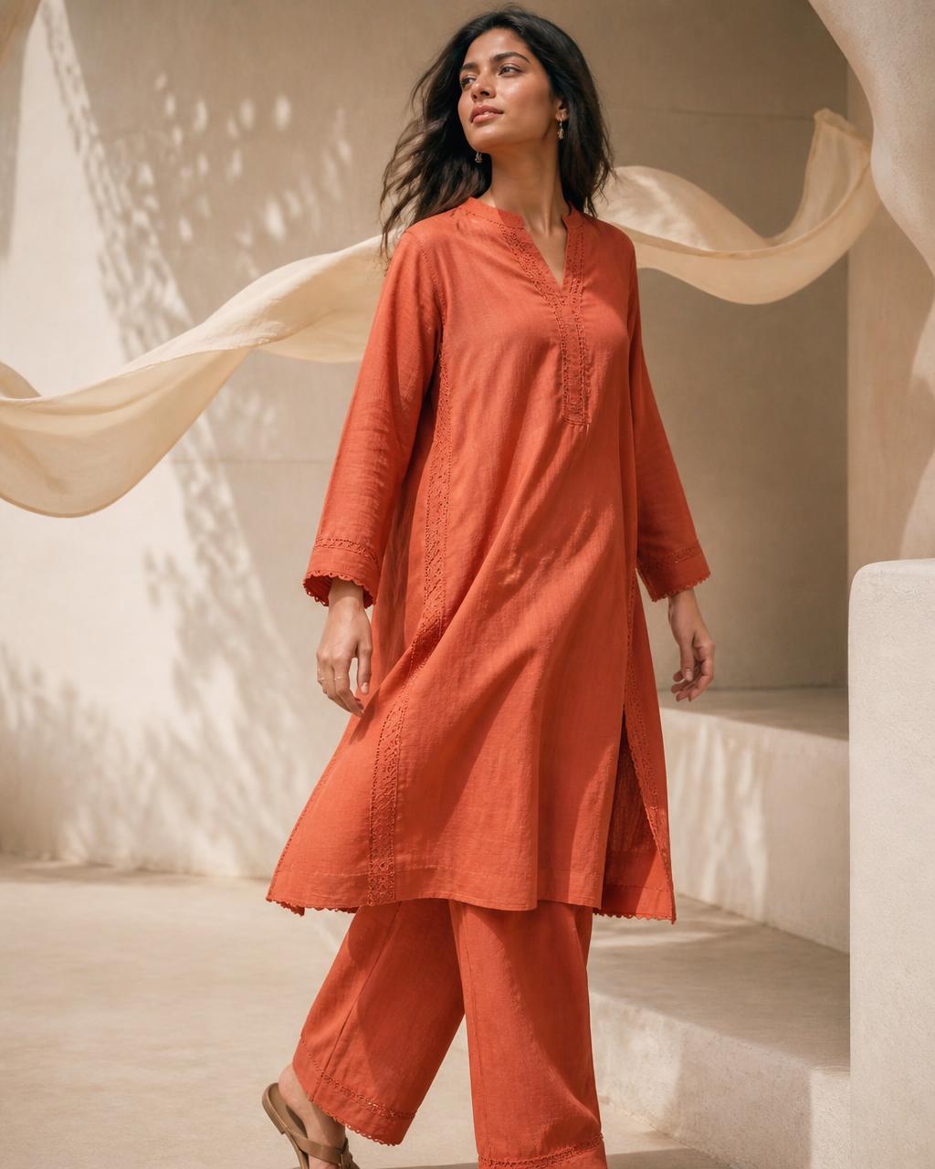 Woman wearing a terracotta cotton suit in a cream interior